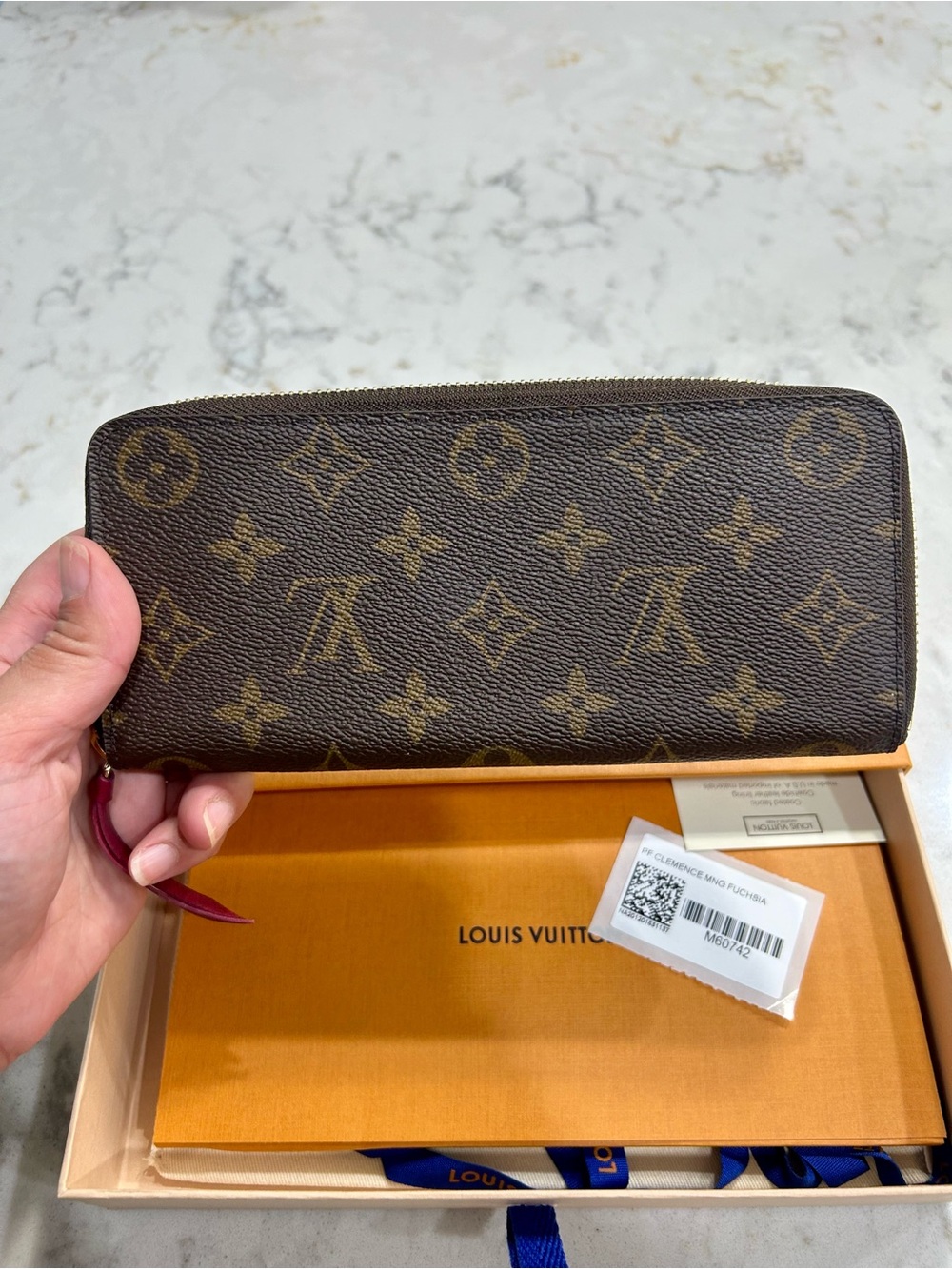 Louis Vuitton Monogram Clementine Wallet in Brown with Fuchsia Pull
